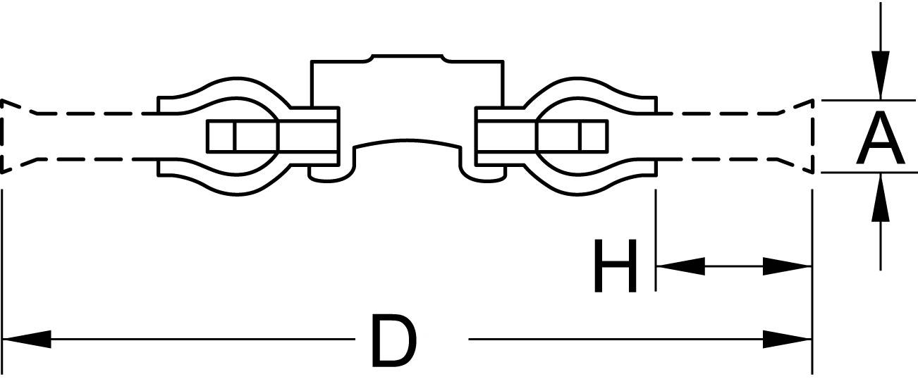Diagramm eines technischen Elements mit Maßangaben: 'D' für Gesamtlänge, 'A' für Höhe und 'H' für Abstand von Mitte zu Mitte der Befestigungen.