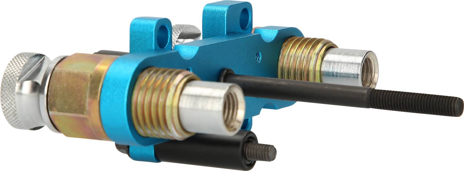 Ein blaues, metallisches Bauteil mit zwei Gewindestangen und mehreren zylinderförmigen Elementen, vermutlich für technische Anwendungen.
