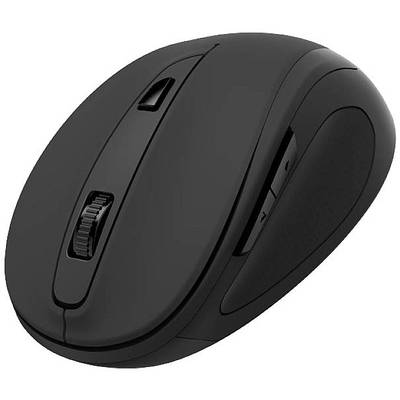 Schwarze kabellose Computermaus mit Scrollrad und zwei seitlichen Tasten, ergonomisch gestaltet für komfortable Handhabung.