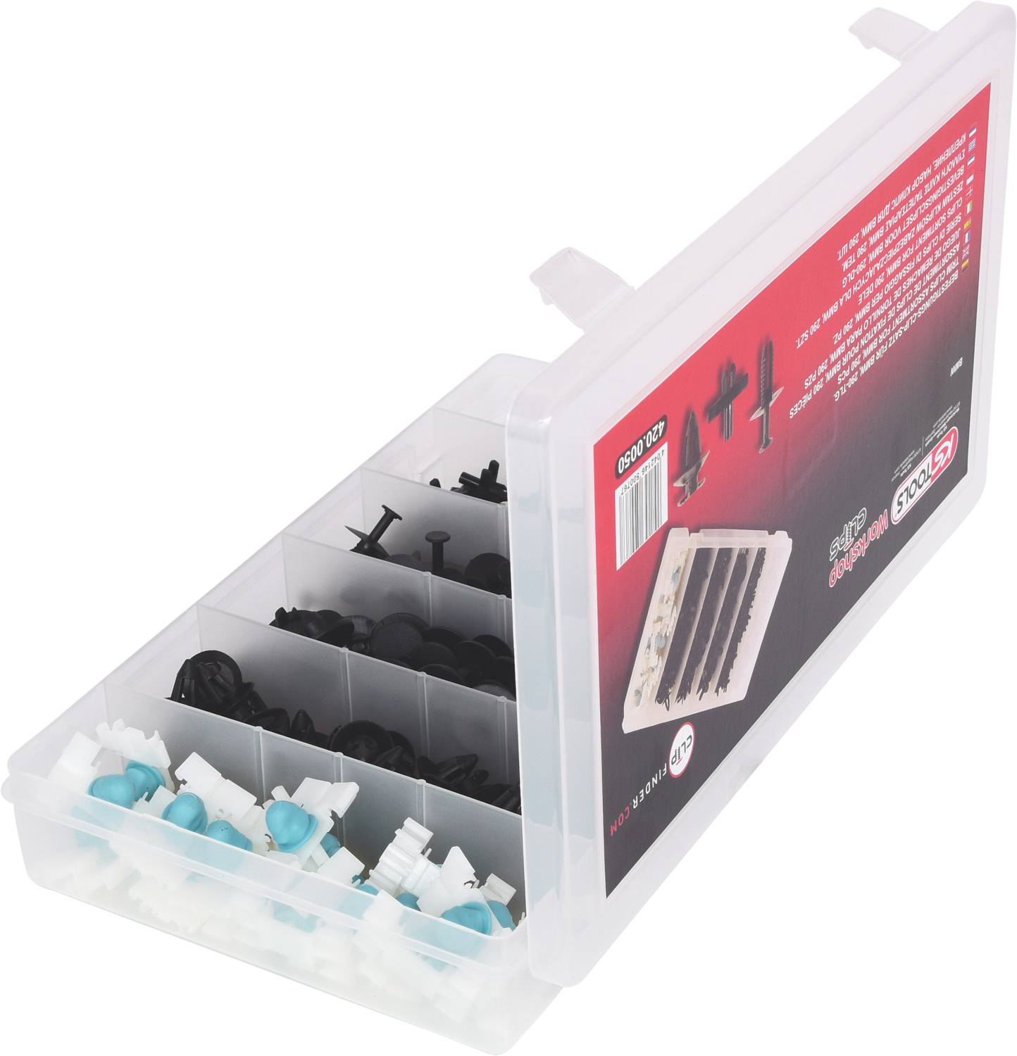 Sortimentskasten mit verschiedenen Plastikbefestigungsteilen, Deckel teilweise geöffnet, zeigt Fächer mit schwarzen und weißen Teilen.