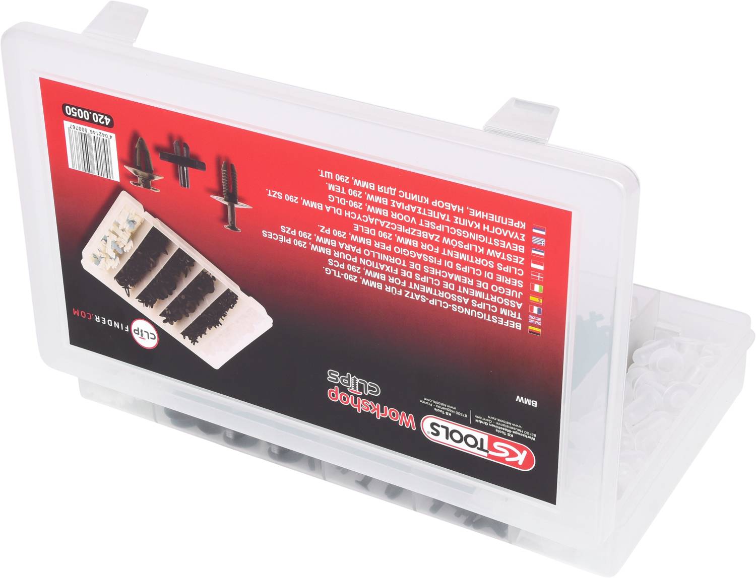 'KS Tools Workstop Clips' Set in einer transparenten Box mit rotem Etikett. Enthält verschiedene Clips für Werkstattanwendungen.