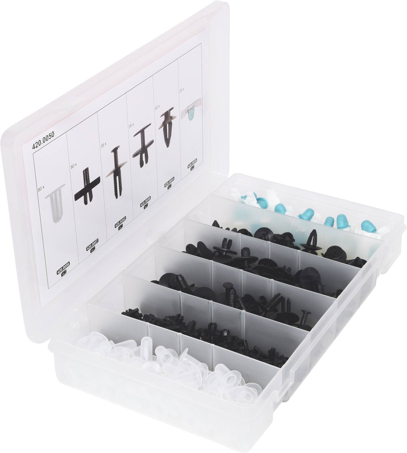 Plastikbox mit herausnehmbaren Fächern, gefüllt mit verschiedenen schwarzen und transparenten Kunststoffschrauben und -nieten.