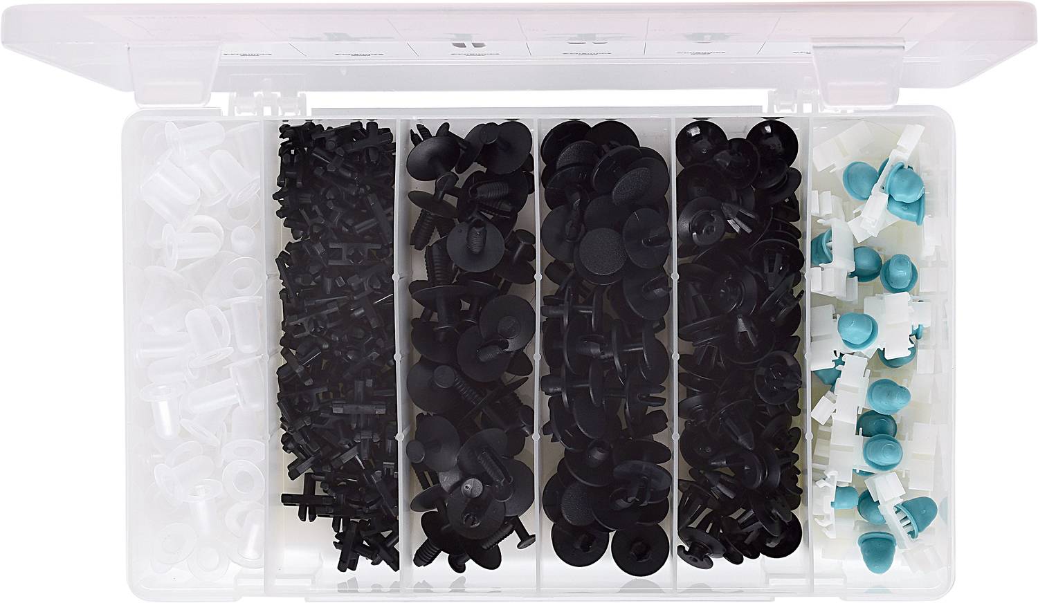 Eine geöffnete Kunststoffbox mit fünf Fächern, gefüllt mit verschiedenen schwarzen und türkisfarbenen Kunststoffverschlüssen und Clips.