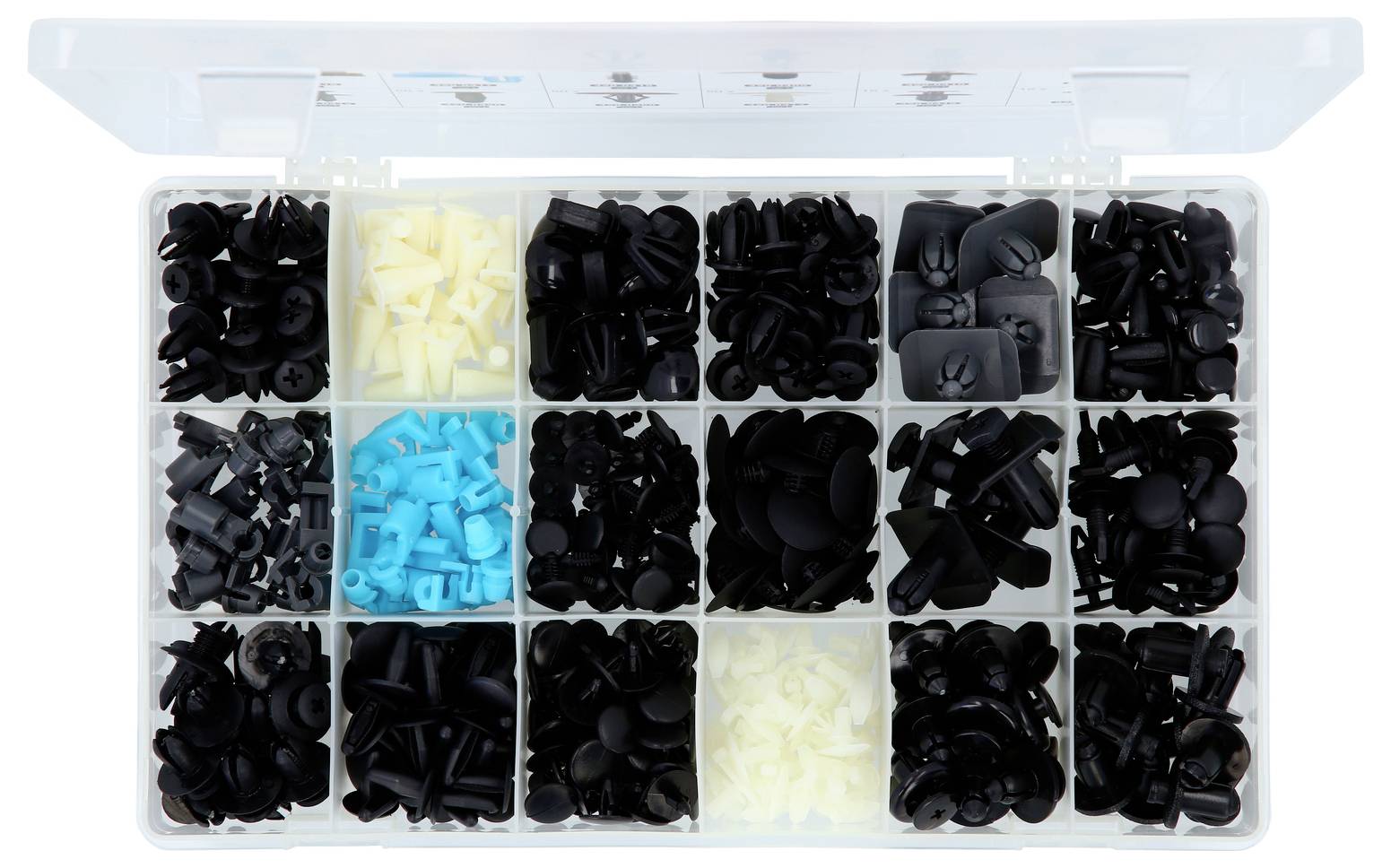 Offene Organizerbox mit mehreren Fächern, gefüllt mit verschiedenen schwarzen, weißen, grauen und blauen Kunststoff-Druckknöpfen oder Bastelteilen.