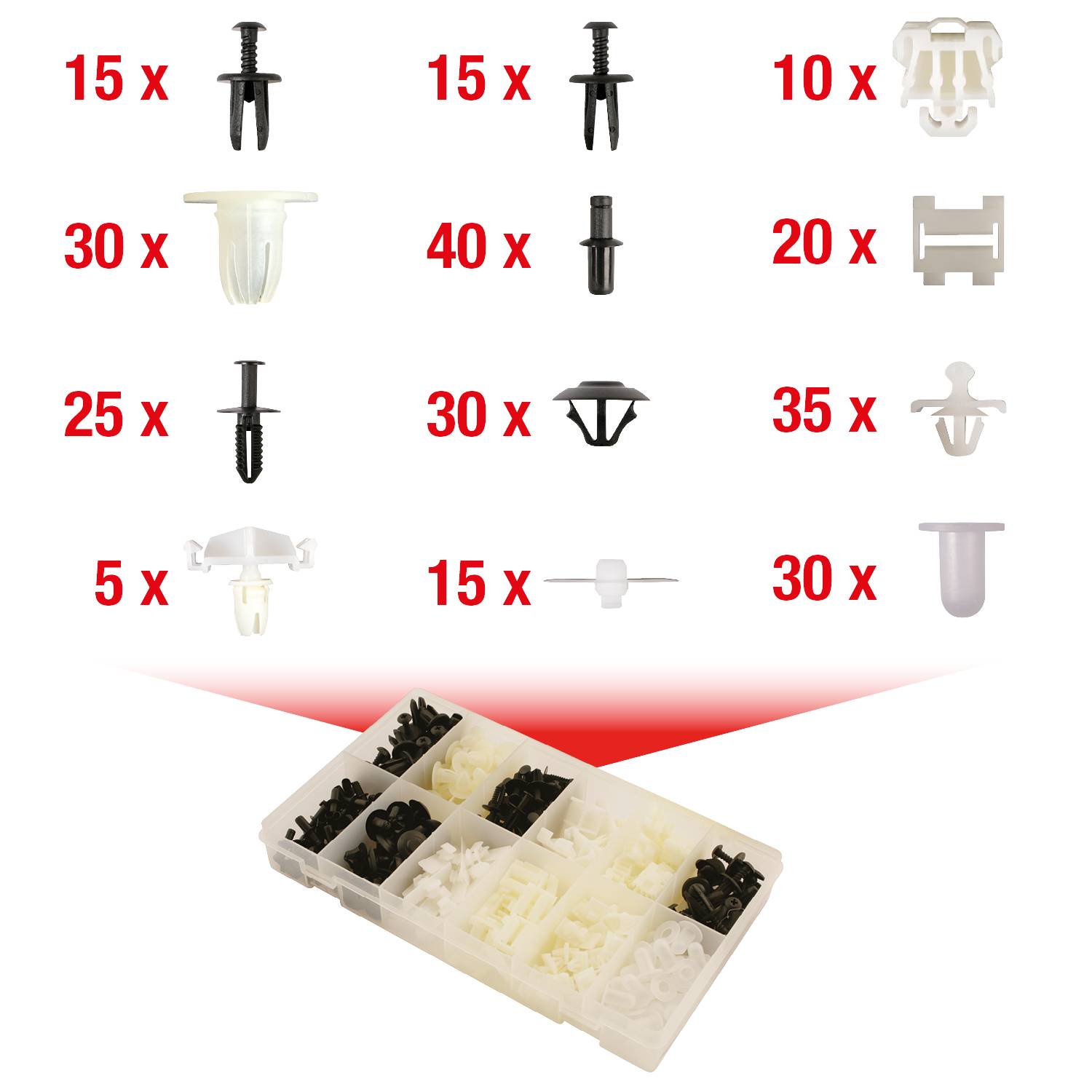 Eine Box mit verschiedenen Plastikbefestigungen: 15 schwarze Spreizniete, 25 schwarze Stiftklammern, 10 weiße Halteclips und andere, je mit Stückzahl.