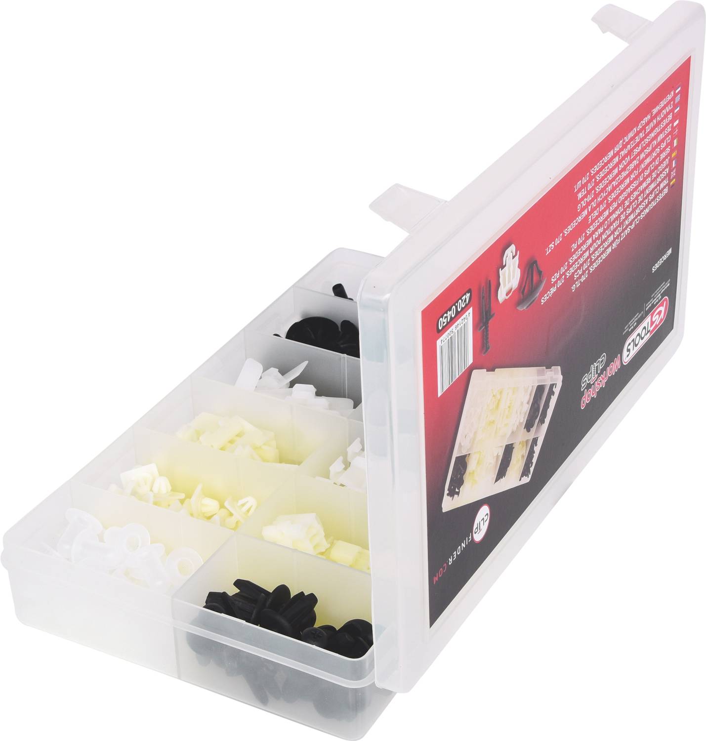 Aufbewahrungsbox mit mehreren Fächern, gefüllt mit verschiedenen Plastikclips in Schwarz und Weiß. Auf dem Deckel ist ein rotes Etikett sichtbar.