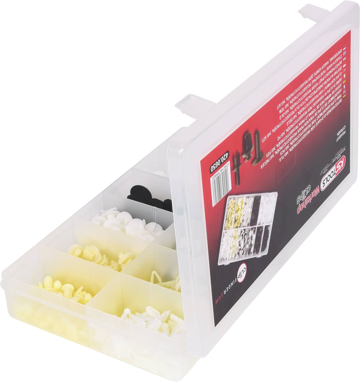 Aufbewahrungsbox mit Fächern, gefüllt mit gelben, weißen und schwarzen Dübeln.