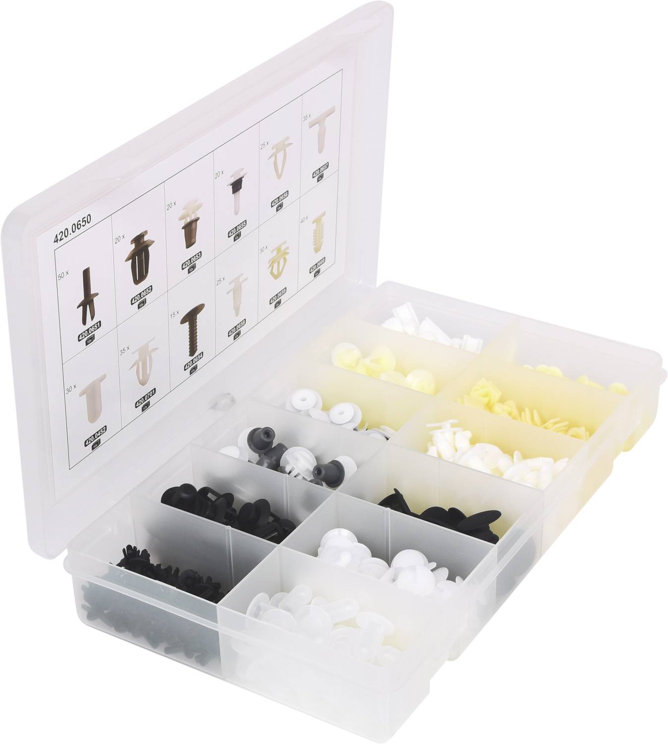 Plastikbox mit Fächern, enthält verschiedene schwarze und weiße Kunststoff-Clips für Befestigungszwecke. Beilage zeigt Clip-Typen.