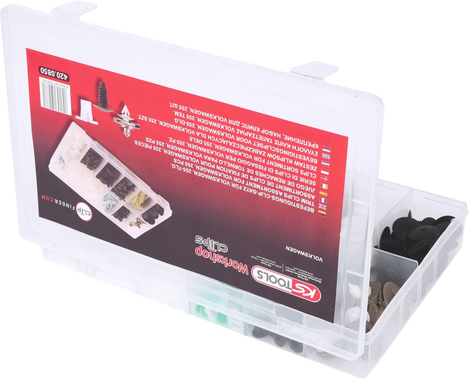 Eine geöffnete Kunststoffbox zeigt eine Sortierung von kleinen Werkzeug-Clips und Zubehörteilen unterschiedlicher Formen und Farben.