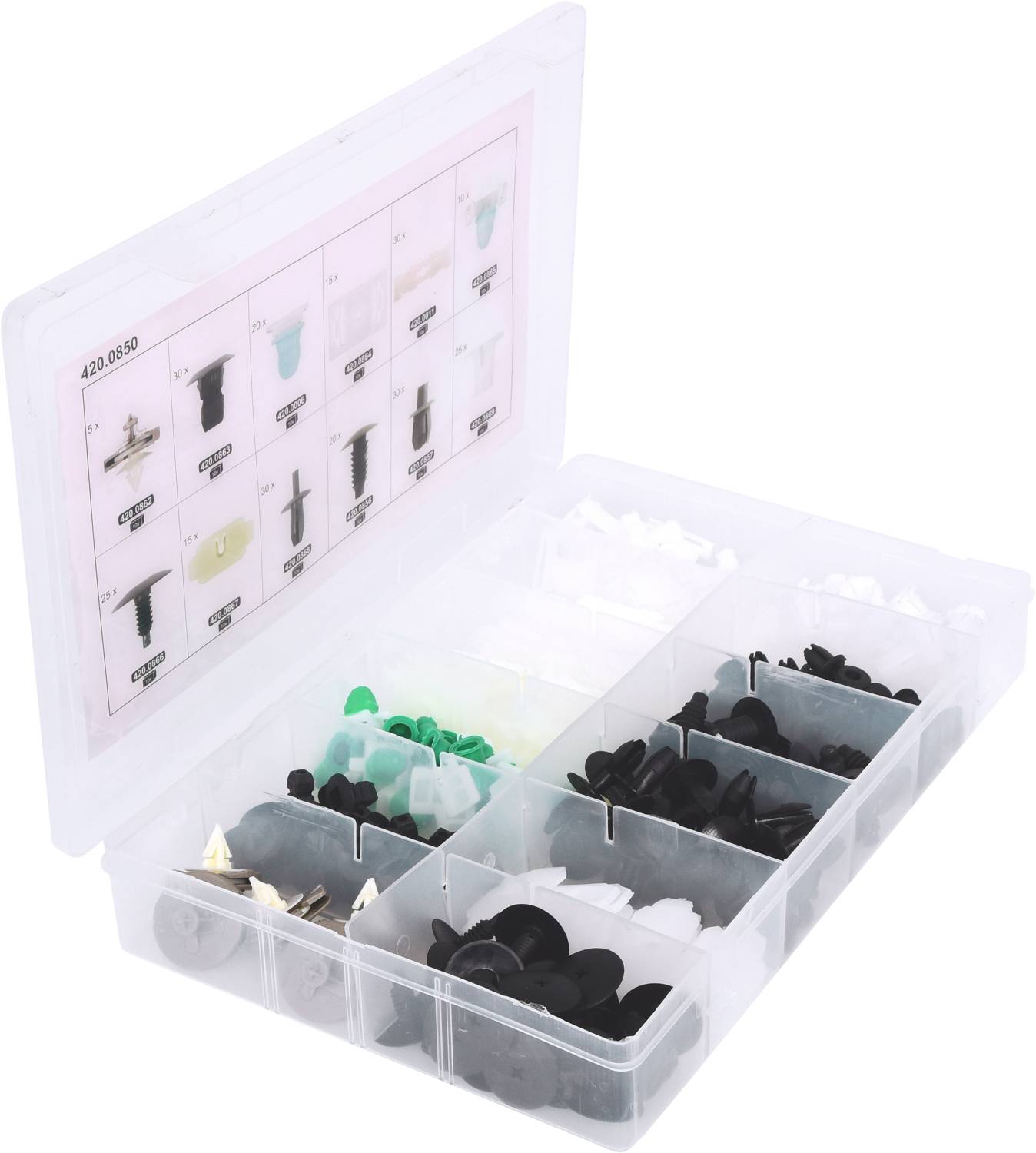 Eine transparente Box mit verschiedenen Kleinteilen in separaten Fächern, darunter schwarze, grüne und weiße Elemente.