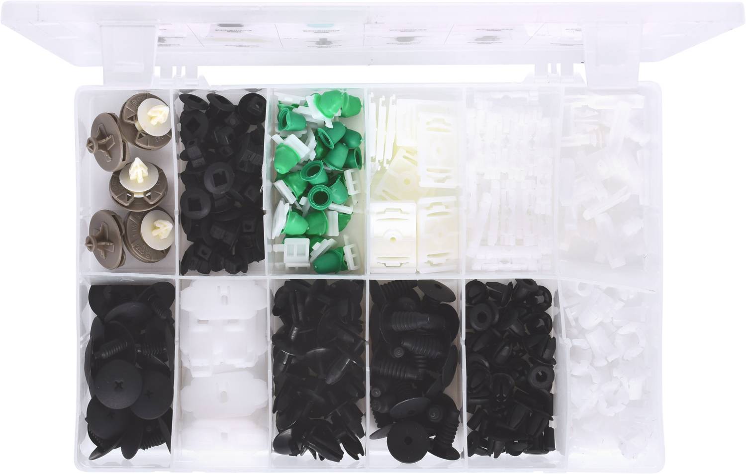Ein geöffneter Kasten mit verschiedenen Kunststoffclips in mehreren Fächern. Die Clips sind in Weiß, Schwarz, Grün und Braun sortiert.