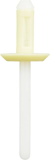 Ein weißer und gelber Dübel mit langem Stift und flachem Kopf, vor weißem Hintergrund.