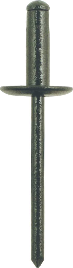 Eine schwarze Blindniete, bestehend aus einem dünnen, langen Schaft mit einem verbreiterten Kopf und einem zugespitzten Ende.