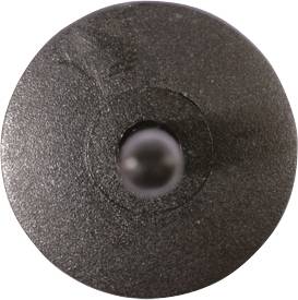 Eine schwarze, runde Oberfläche mit einem zentralen, aus der Mitte herausragenden, leicht verschwommenen Stift.