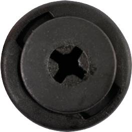 Schwarze Kreuzschlitzschraube aus Metall, von oben betrachtet, zeigt das Kreuzmuster des Schraubenkopfes deutlich.