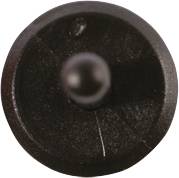 Schwarzes, rundes Objekt mit einem kleinen Stift in der Mitte, aus der Draufsicht.