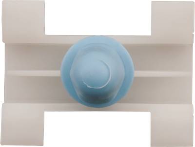 Weiße Kunststoffhalterung mit blauem Drehknopf in der Mitte, von oben gesehen.