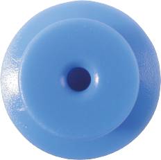 Blauer, runder Knopf mit zentralem Loch, von oben betrachtet.