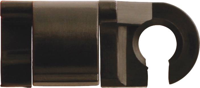 Schwarzes, zylindrisches Kunststoffteil mit hakenförmiger Öffnung, möglicherweise ein Halter oder Clip für einen spezifischen Zweck.