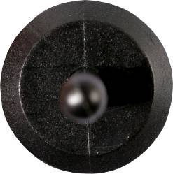 Schwarzer Knopf von oben gesehen, rund und strukturiert, mit zentralem erhabenem Punkt.