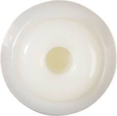 Runde, weiße, flache Scheibe mit einem Loch in der Mitte, möglicherweise ein Plastikteil oder Knopf.