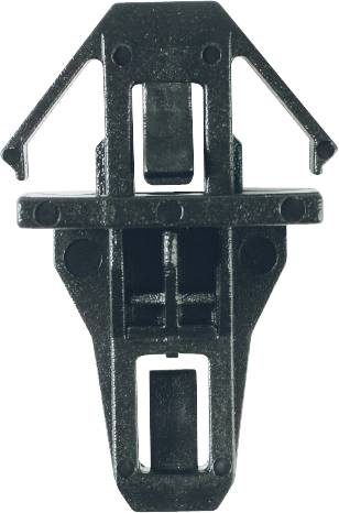Schwarzes Kunststoffteil, möglicherweise ein Steckverbinder oder Halterung, mit zwei seitlichen Haken und zentralem Schlitz in geometrischer Form.