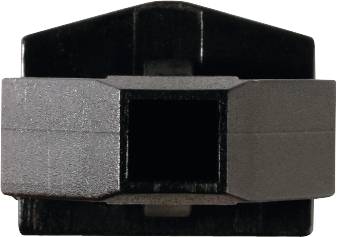Ein schwarzes, rechteckiges Kunststoffobjekt mit einer zentralen quadratischen Öffnung, möglicherweise ein Halter oder Gehäuseteil.