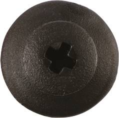 Ein schwarzer Flanschkopf-Schraubenkopf mit Kreuzschlitzmuster in der Mitte.