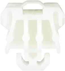 Ein weißer, plastischer Befestigungsclip mit Haken und Schlitzen, verwendet zur Kabelorganisation oder zur Befestigung von Paneelen.