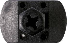 Schwarzes, sechseckiges Bauteil mit zentralem Sternloch und Schraubenvertiefungen, wahrscheinlich ein Verbindungselement.