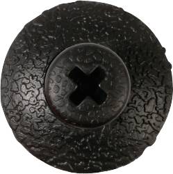 Schwarzer runder Knopf mit geprägter Oberfläche und einem zentralen 'X'-förmigen Loch in der Mitte.
