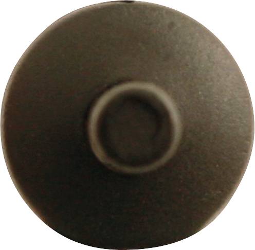Eine schwarze, runde, leicht kuppelförmige Taste oder Knopf von oben betrachtet.