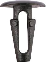 Ein schwarzer Metallknopf mit zwei flachen Schenkeln und einem runden Kopf, ähnlich einer Klemme oder Befestigungsvorrichtung.