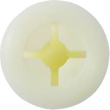 Weiße Kunststoffniete mit kreuzförmigem Schlitz in der Mitte.