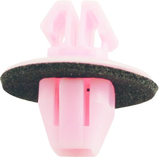 Kunststoff-Clip in Rosa mit schwarzer Dichtung, seitlich aufgenommen. Verwendet zur Befestigung von Innenverkleidungen im Automobilbereich.