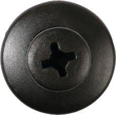 Eine schwarze Kreuzschlitzschraube von oben gesehen, mit glänzender Oberfläche.