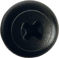 Eine schwarze Kreuzschlitzschraube aus Metall, von oben betrachtet.