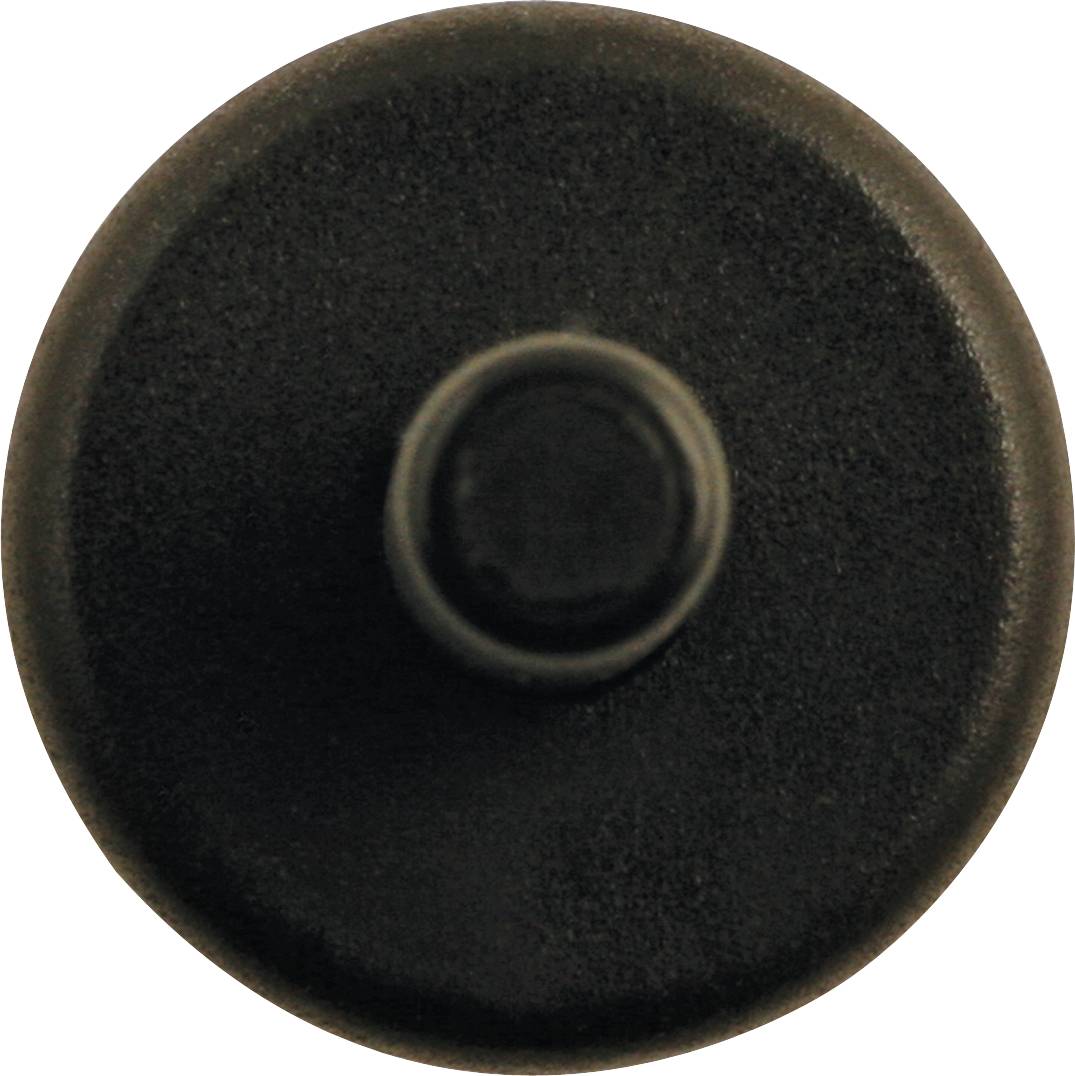 Schwarzer Knopf in Draufsicht, kreisförmig und flach.