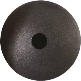 Schwarzer, runder Knopf mit glatter Oberfläche und zentralem Loch.