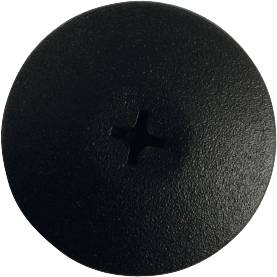 Schwarzer Knopf mit zwei Löchern in Kreuzform, leicht gewölbt.