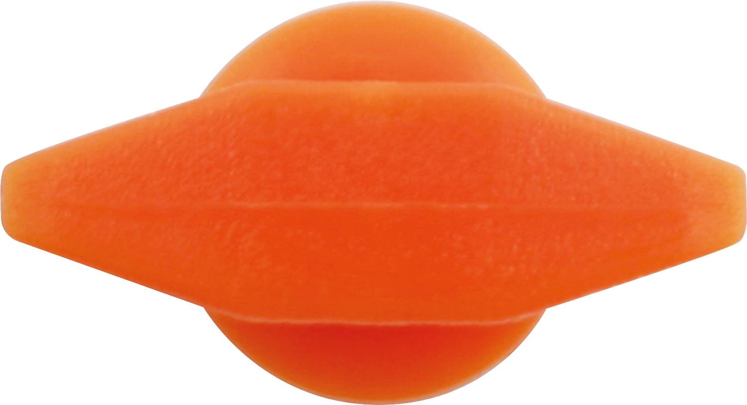 Ein orangefarbenes Plastikspielzeug mit kugelförmigem Zentrum und flügelartigen Seiten, das an einen Planeten mit Ringen erinnert.