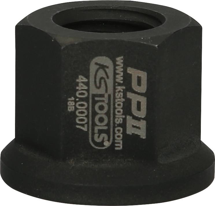 Eine schwarze Metallmutter mit der Aufschrift 'KS Tools' und der Seriennummer '440.9007' auf der Seitenfläche.