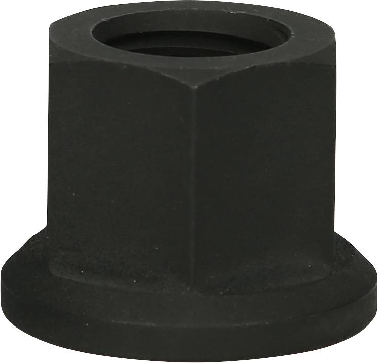 Schwarze Sechskantmutter mit Flansch, häufig verwendet zur Sicherung von Schrauben in technischen Anwendungsbereichen.