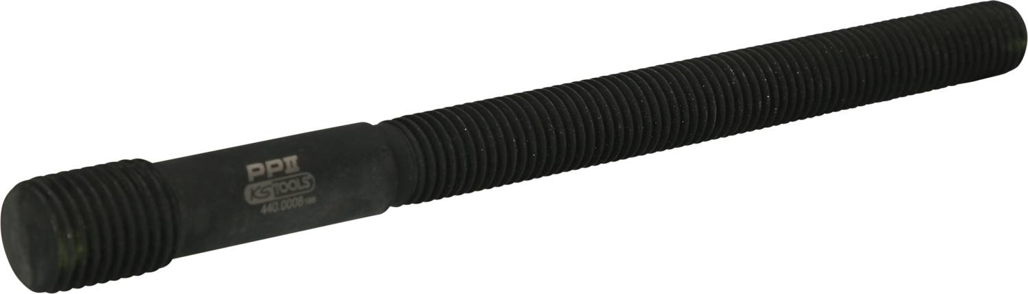 Eine schwarze, gerändelte Metallstange, eventuell ein Bolzen, liegt horizontal.