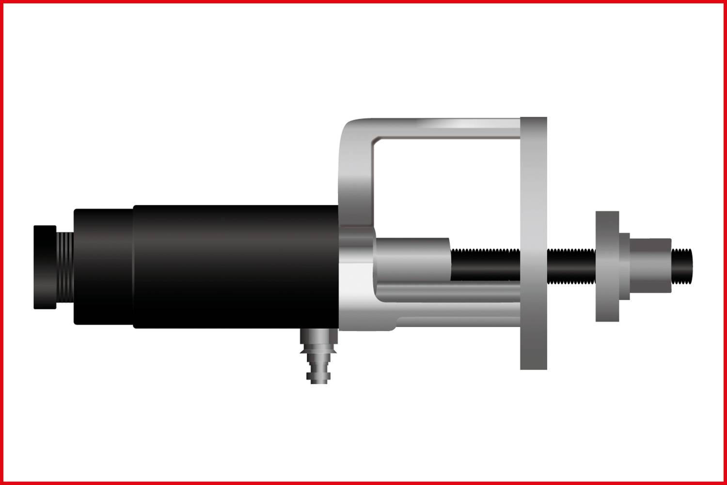 'Illustration eines hydraulischen Werkzeugs mit schwarzem Zylinder und silbernen Haltegriff. Es zeigt technische Details und Komponenten.'