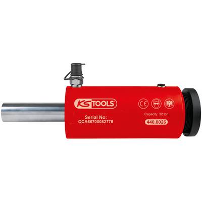 Roter Hydraulikzylinder von KS Tools mit Stempel 'Serial No: QCA66700082775' und einer Kapazität von 32 Tonnen.