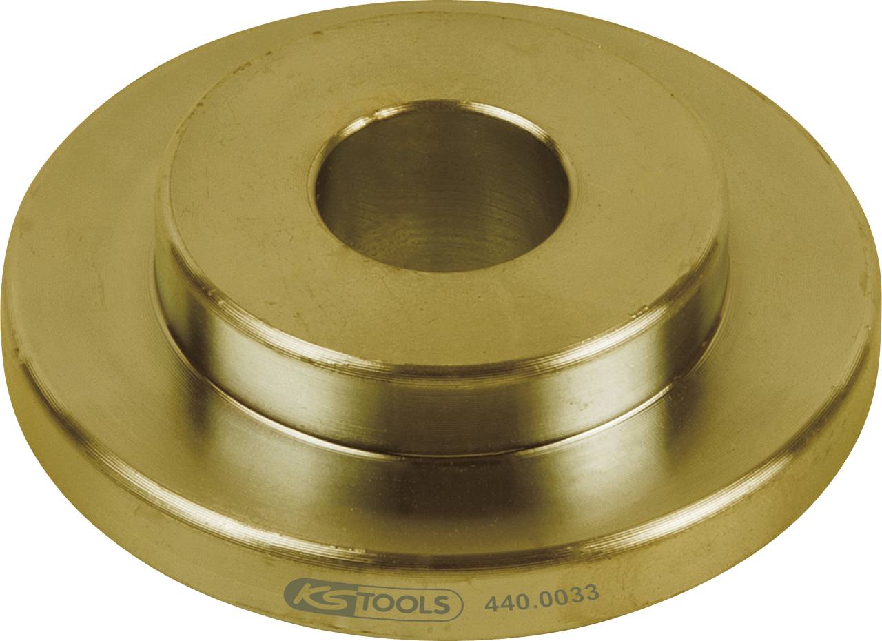 Runde, goldene Metallscheibe mit zentralem Loch, flache Oberflächen und aufgedrucktem Logo 'KS Tools' mit Nummer '440.0033'.