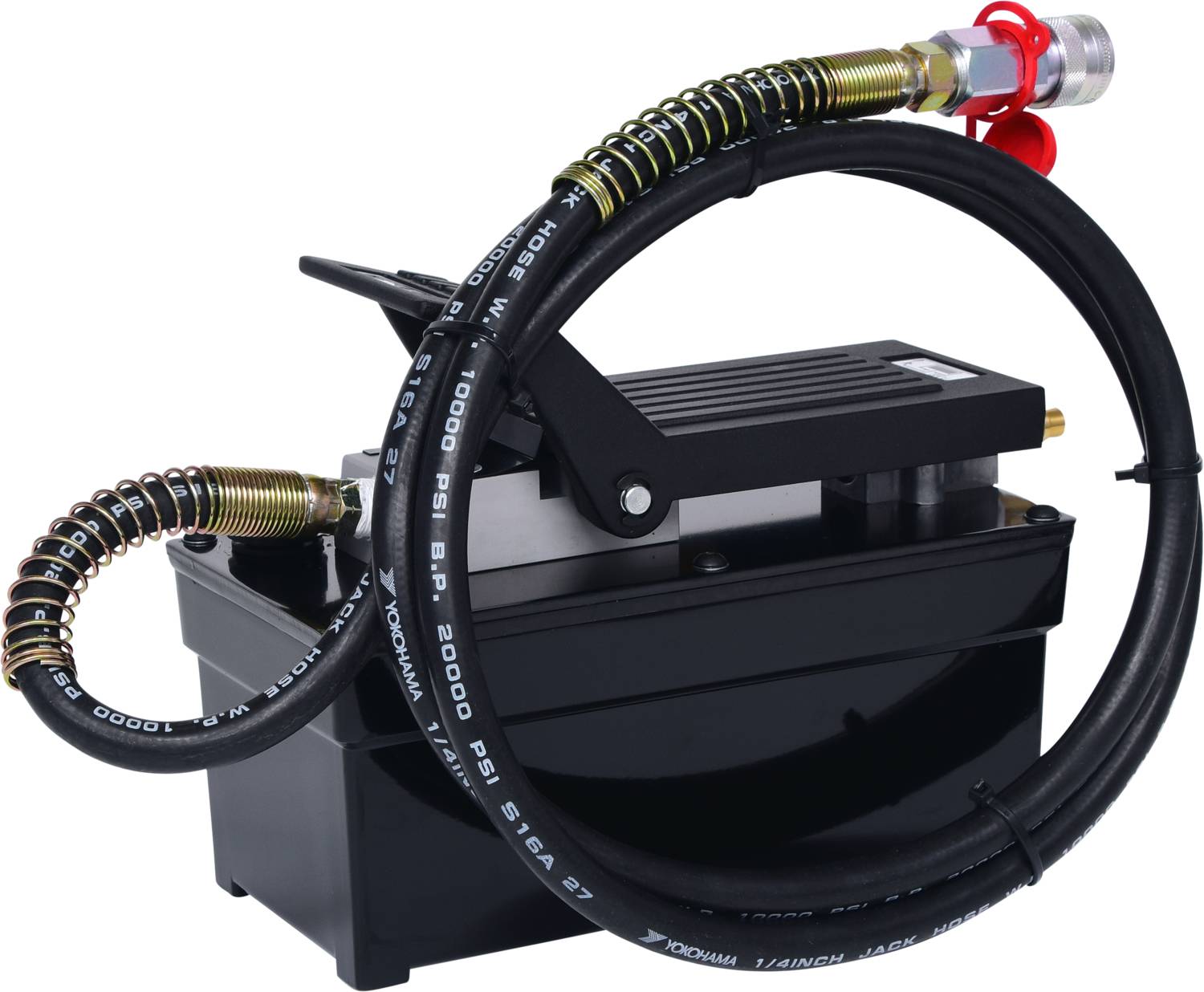 Hydraulikpumpe mit schwarzem Gehäuse und angeschlossenem, gewundenem Schlauch. Sie dient zur Druckerzeugung in Hydrauliksystemen.
