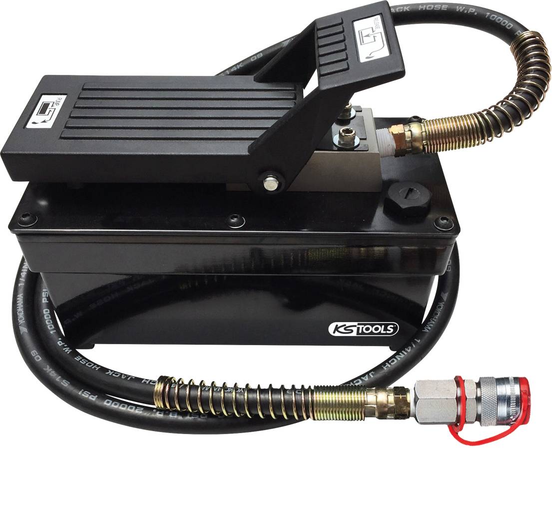 Hydraulikpumpe mit Fußpedal, schwarzes Gehäuse, Metallanschluss und flexibler Schlauch, geeignet für industrielle Anwendungen.