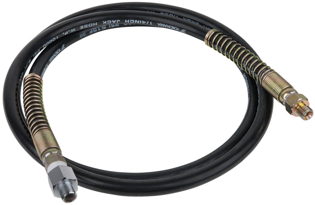 Hydraulikschlauch mit Metallverschraubungen an beiden Enden, geeignet für den Anschluss in hydraulischen Systemen.